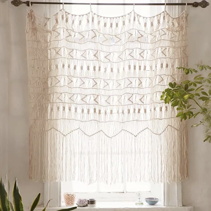 Flber Macrame Curtains for Doorways Boho Windows Macrame Wall Hanging Boho-Inspired Touch Window Curtain,52" Wx56 H - Image 1